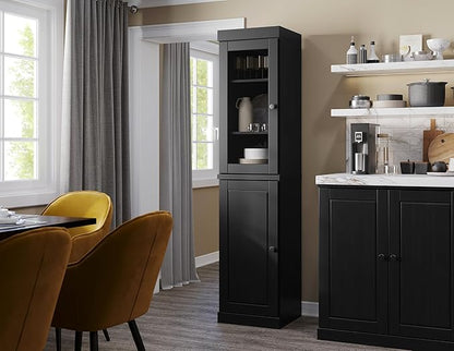Palace Imports Solid Wood Kitchen Pantry - Narrow Storage Cabinet - 16.5" Wide x 71.5" Tall - 1 Raised Panel & 1 Glass Door, Black, Adjustable Shelves, 100% Eco-Friendly Wood, Modular Cabinets