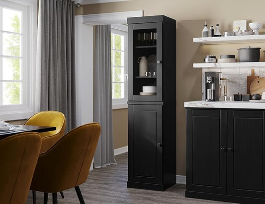 Palace Imports Solid Wood Kitchen Pantry - Narrow Storage Cabinet - 16.5" Wide x 71.5" Tall - 1 Raised Panel & 1 Glass Door, Black, Adjustable Shelves, 100% Eco-Friendly Wood, Modular Cabinets