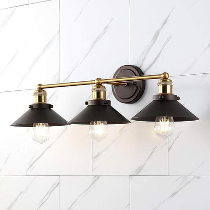 JONATHAN Y 26.5" Oil Rubbed Bronze/Brass Gold 3-Light Industrial Farmhouse Metal Vanity Light Wall Sconce, Metal Shade for Bathroom Mirror, Kitchen, Entryway, LED Bulb Included (JYL7428C)