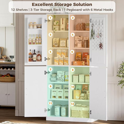 IRONCK 71" Kitchen Pantry Storage Cabinet with Storage Rack, Pegboard Doors, 4 Adjustable Shelves, Food Pantry Cabinet, Freestanding Tall Cupboard for Dining Room, Kitchen, White