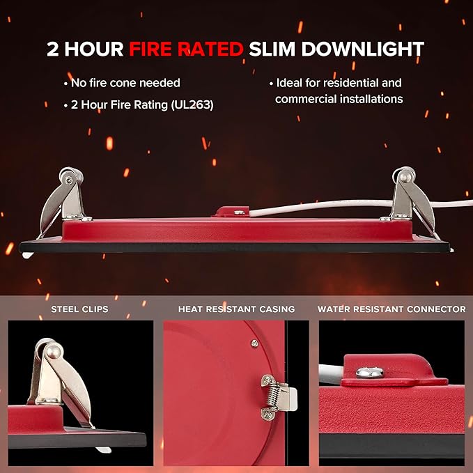 Maxxima 6 in. 2 Hour Fire Rated Ultra Thin Square Black LED Downlight, Slim Recessed Canless Light, IC Rated, 1050 Lumens, 5 Color Temperature Selectable 2700K/3000K/3500K/4000K/5000K, Dimmable