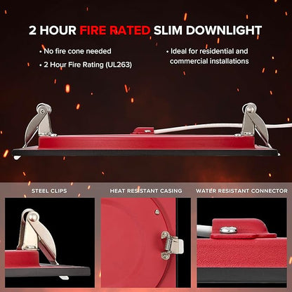 Maxxima 6 in. 2 Hour Fire Rated Ultra Thin Square Black LED Downlight, Slim Recessed Canless Light, IC Rated, 1050 Lumens, 5 Color Temperature Selectable 2700K/3000K/3500K/4000K/5000K, Dimmable