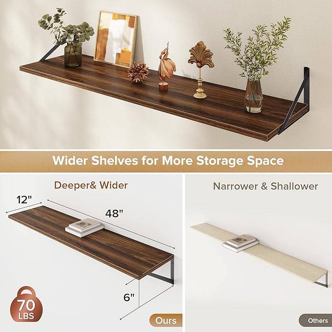 Acovy Deep Floating Shelves Wall Mounted, 48"x12" Walnut Wall Shelves with Brackets Set of 2 for Bedroom, Living Room, Bathroom, Kitchen, Office - Storage & Display Shelf for Decor, Books, Plants
