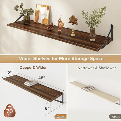 Acovy Deep Floating Shelves Wall Mounted, 48"x12" Walnut Wall Shelves with Brackets Set of 2 for Bedroom, Living Room, Bathroom, Kitchen, Office - Storage & Display Shelf for Decor, Books, Plants