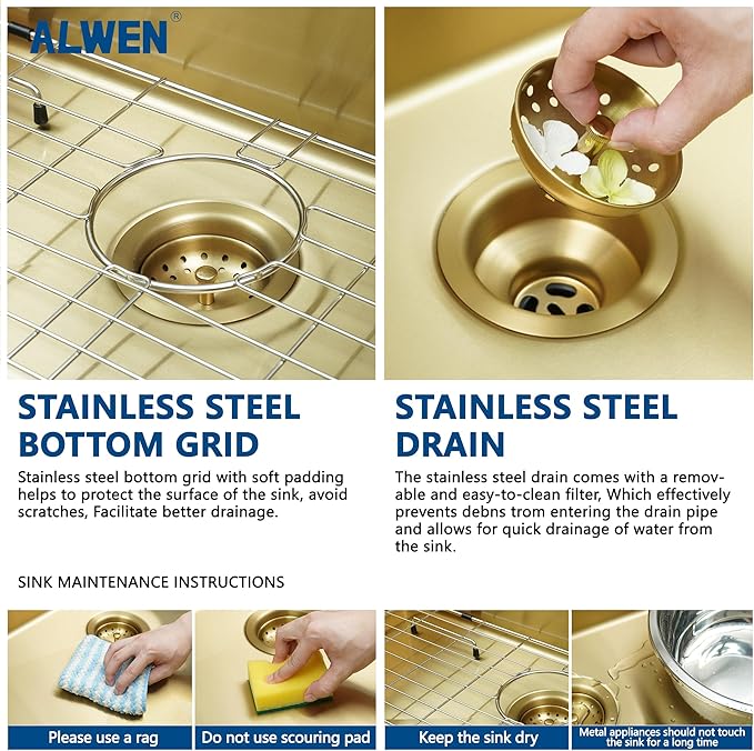 33" Luxury Gold Farmhouse Sink – ALWEN 16 Gauge Workstation Apron Front Sink, 10" Depth Single Bowl with R10 Radius & Accessories
