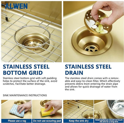 33" Luxury Gold Farmhouse Sink – ALWEN 16 Gauge Workstation Apron Front Sink, 10" Depth Single Bowl with R10 Radius & Accessories