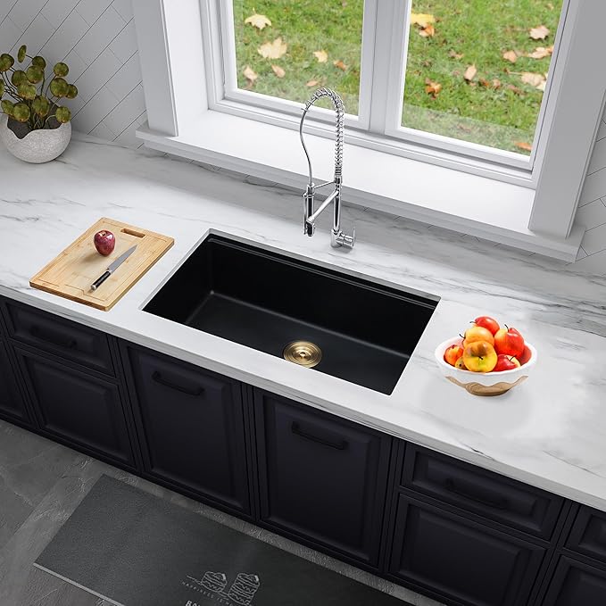 Black Undermount Kitchen Sink 28 Inch - Drop In Granite Quartz Composite Workstation Sink - Deep Single Bowl,Dual Mount,with Accessories(Black, 28" x 18")