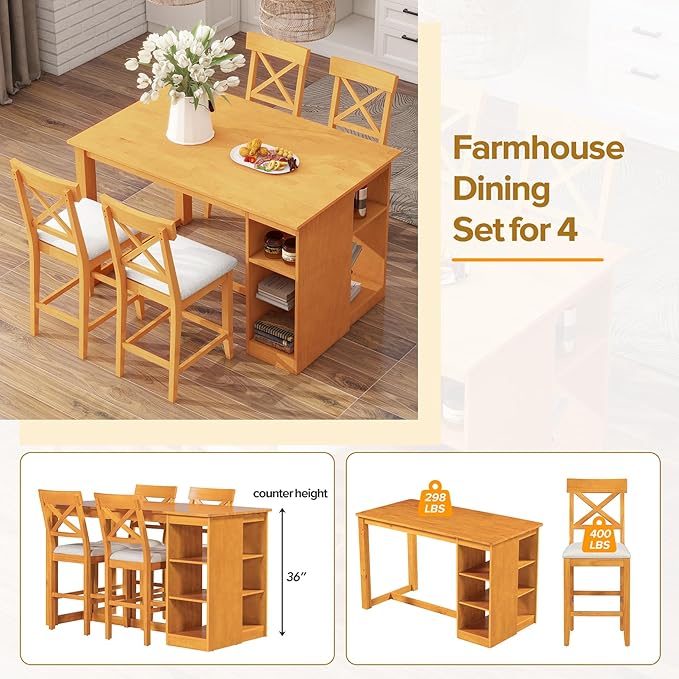 Solid Wood Counter Height Dining Set, 60" L x 30" W Farmhouse Kitchen Table with Open Shelves, 5 Piece Bar Height Dining Table Set with Padded Cross Back Chairs for Kitchen