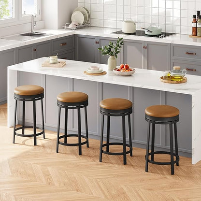 IDEALHOUSE 24'' Swivel Bar Stools Set of 4 with Footrest, Modern Counter Height Barstools with PU Leather Upholstered and Metal Frame, Backless Round Bar Stools for Kitchen Island, Brown