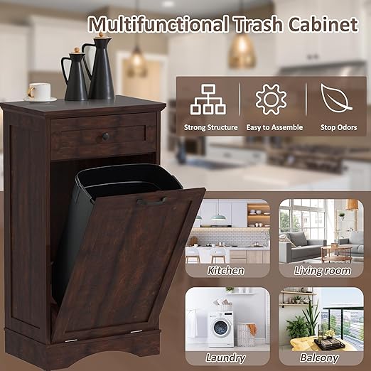 13 Gallons Tilt Out Trash Cabinet Freestanding Kitchen Trash Bin Cabinet Wood Garbage Recycling Cabinet with Hideaway Drawer Pet Proof Trash Can Holder for Kitchen Living Room, Brown