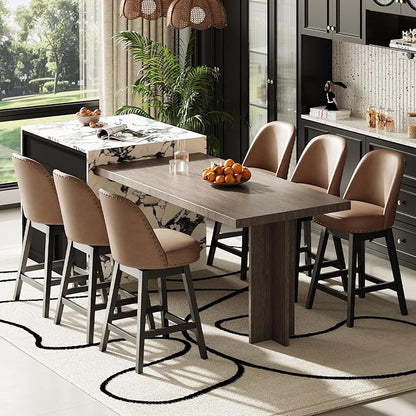 MALOL Swivel Bar Stools Set of 6, PU Leather Mid Century Mondern Barstools, 26 inch Counter Height Bar Chairs with Solid Back and Wood Legs, for Kitchen Island，Brown