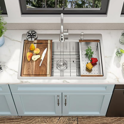 33"x22" Drop In Kitchen Sink Ledge Workstation – 16 Gauge 304 Stainless Steel, Single Bowl Overmount Top Mount Sink Basin with Faucet Combo & Glass Rinser