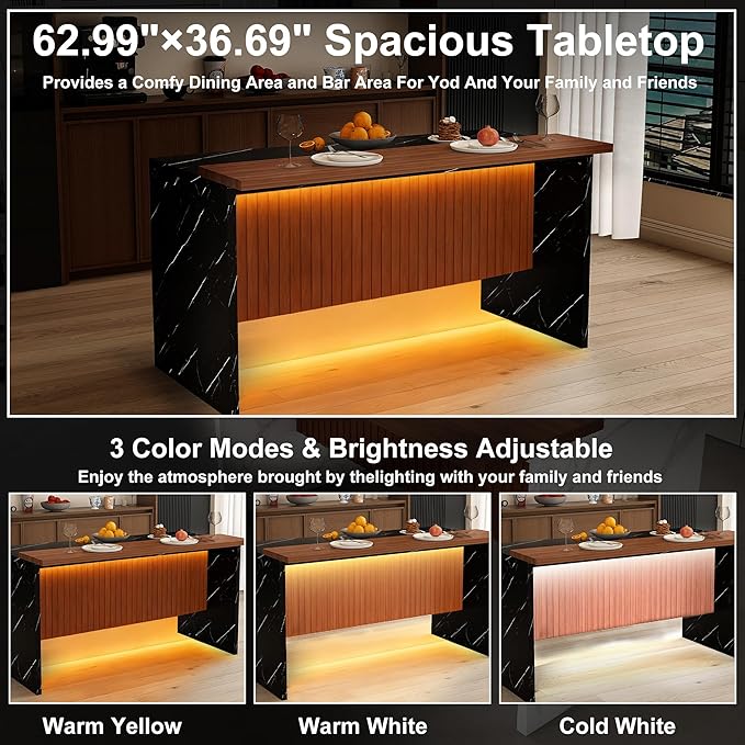 Runboll 63" Large Island Table for Kitchen with Multi-Color LED Lights, Modern Faux Marble Dining Table for 4-6 People, Kitchen Island with Grille Design for Dining Room, Home, Office, Living Room