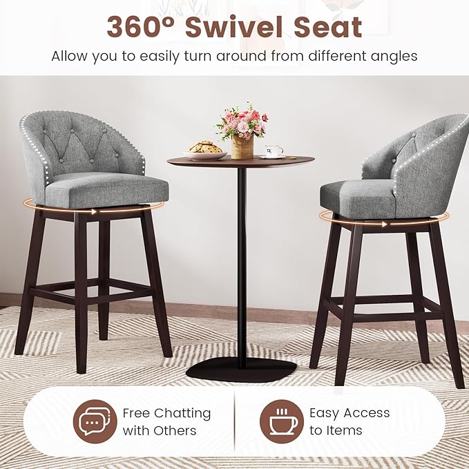 Giantex Modern Upholstered Bar Stools Set of 2, 31" Bar Height Swivel Kitchen Stools w/Button-Tufted Back, Rubber Wood Frame, Rivet Decoration, Linen Fabric Barstools for Counter Island, Cafe, Grey
