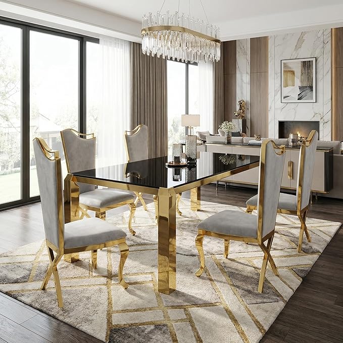 63 Inch Luxury Gold Dining Table for 4-6 People, 10mm Thick Rectangular Black Tempered Glass Top with Stainless Steel Base, Modern Kitchen Table for Dining Room
