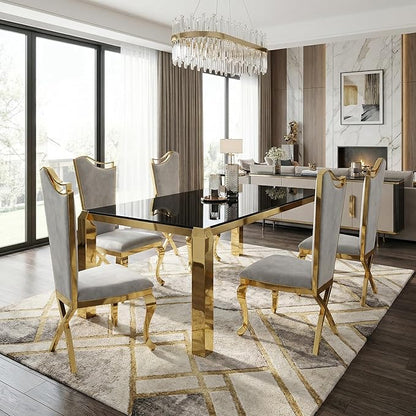63 Inch Luxury Gold Dining Table for 4-6 People, 10mm Thick Rectangular Black Tempered Glass Top with Stainless Steel Base, Modern Kitchen Table for Dining Room