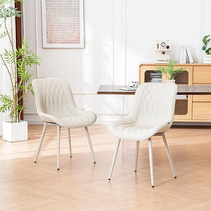 YOUNIKE Cream Faux Leather Dining Chairs Set of 2 Mid-Century Modern High Padded Back Comfy Upholstered Kitchen Chairs with Metal Legs Wide Seat Accent Side Chair for Dining/Living/Waiting Room