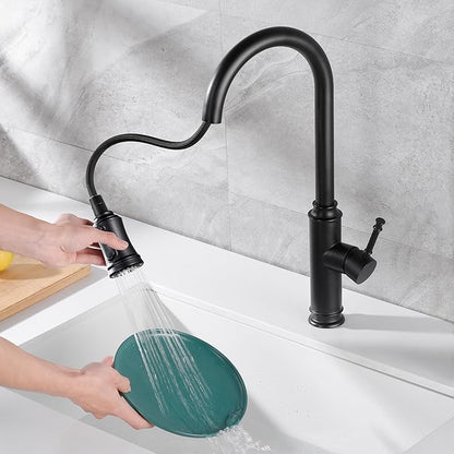 SUMERAIN Kitchen Sink Faucet with Pull Out Sprayer Single Lever Pull Down Kitchen Faucet 1 Hole Stainless Steel, Matte Black
