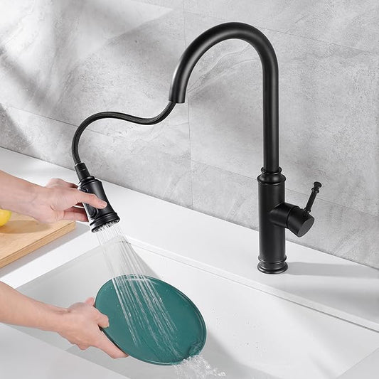 SUMERAIN Kitchen Sink Faucet with Pull Out Sprayer Single Lever Pull Down Kitchen Faucet 1 Hole Stainless Steel, Matte Black