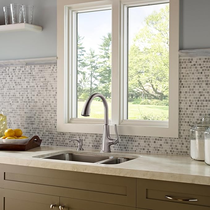 Pfister Pasadena Kitchen Faucet with Pull Down Sprayer and Soap Dispenser, Single Handle, High Arc, NSF Certified, Stainless Steel Finish, F5297PDS