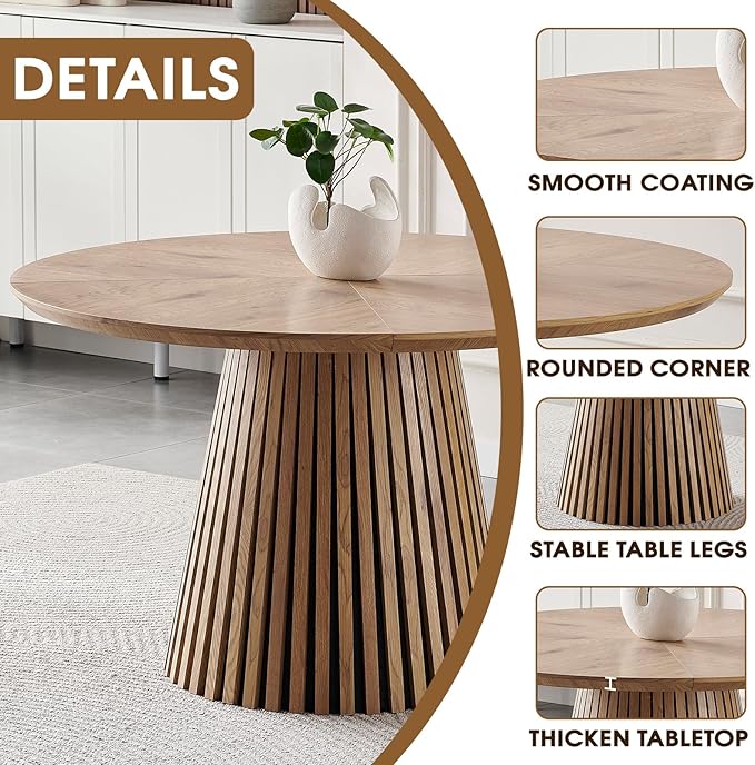 47 inch Round Dining Table for 4-6, Wooden Circle Round Kitchen Table with Wood Strip Pedestal Base, Modern Farmhouse Round Dining Room Table for Family Meals, Gatherings, Dinner Party, Living Room