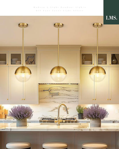 LMS Mid Century Pendant Light Fixtures, Brushed Gold Farmhouse Pendant Light with Clear Globe Glass Shade, Adjustable Hanging Rod Ceiling Light for Dining Room Bathroom Kitchen Island, LMS-186BGC