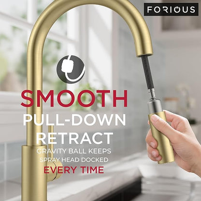 FORIOUS Gold Kitchen Faucet with Pull Down Sprayer, Modern Single Hole Kitchen Sink Faucet with Soap Dispenser, Deck Plate, Single Handle, High Arc Stainless Steel for RV Bar Farmhouse Laundry