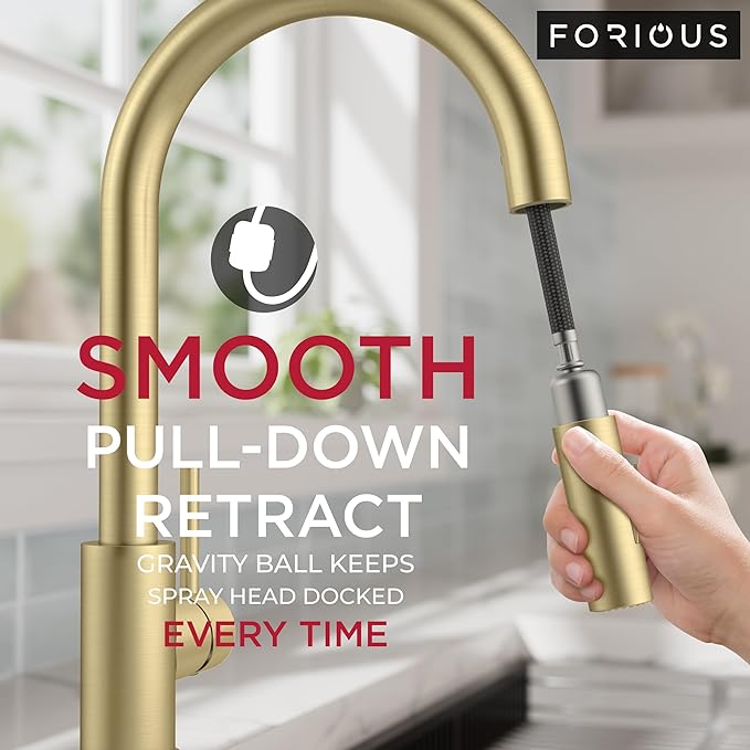 FORIOUS Gold Kitchen Faucet with Pull Down Sprayer, Classic Single Hole Kitchen Sink Faucet with Deck Plate, Single Handle, High Arc Stainless Steel, Fit for RV Bar Farmhouse Laundry Outdoor