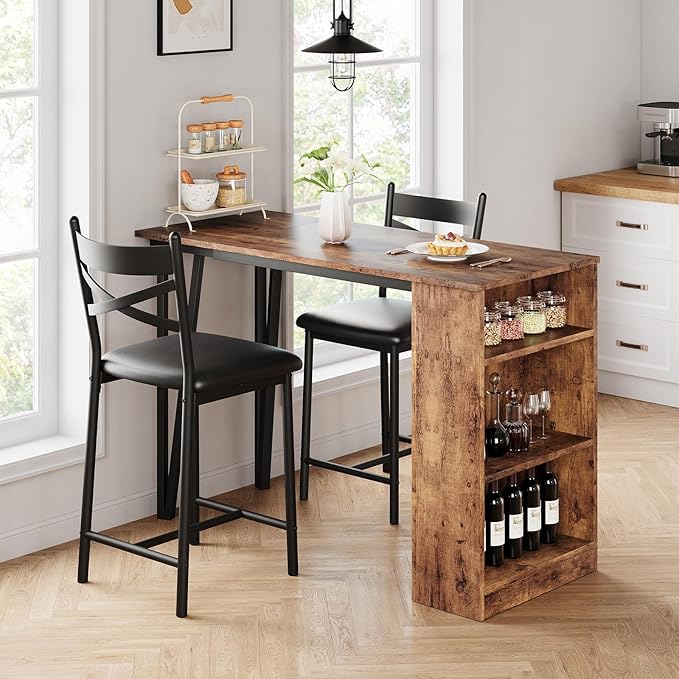 3-Piece Bar Table and Chairs Set, Extendable Kitchen Island with Storage Shelves, Counter Height Dining Table for Small Spaces, 2 Cushioned Bar Stools Included, Vintage Finish