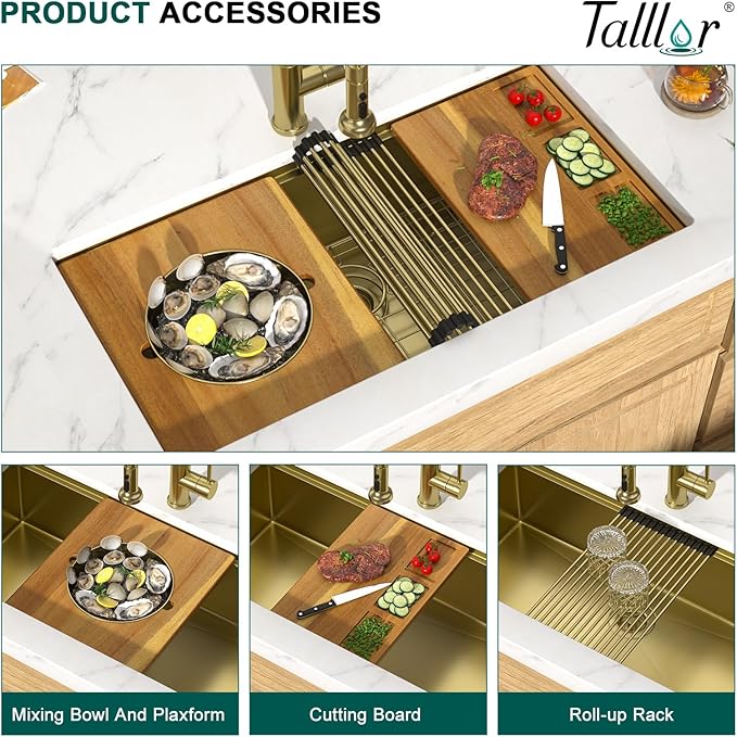 36 Gold Undermount Kitchen Sink - Workstation All-In One 16 Gauge Stainless Steel Single Bowl Handmade Large Sink for Kitchen with Mixing Board and Pasta Strainer #TLU-0050