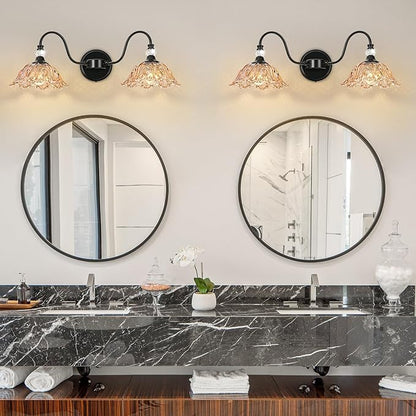 Black Bathroom Vanity Light, 2-Light Vanity Light with Floral Amber Glass Shades,Vintage Farmhouse Wall Mount Lighting for Bathroom, Dressing Table