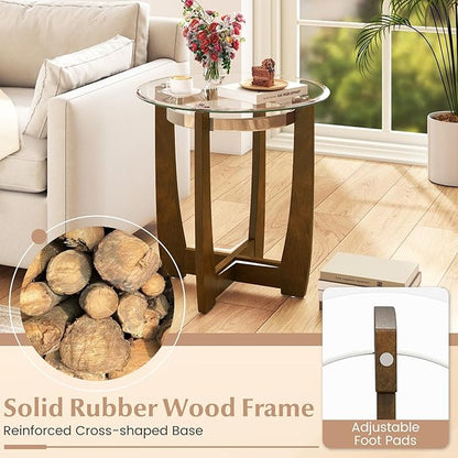 Giantex Round Glass End Table Set of 2, 24’’ Side Table with Tempered Glass Top, Nightstands with Cross & Solid Rubber Wood Base, Compact Bedside Night Stand for Bedroom Office Living Room (2, Walnut)