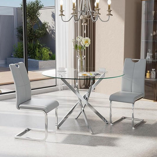 36" Modern Minimalist Round Glass Dining Table,4-Person Luxury Table with Tempered Glass Top & Adjustable Chrome- Metal Legs,for Dining Room, Kitchen & Living Room(Silver)