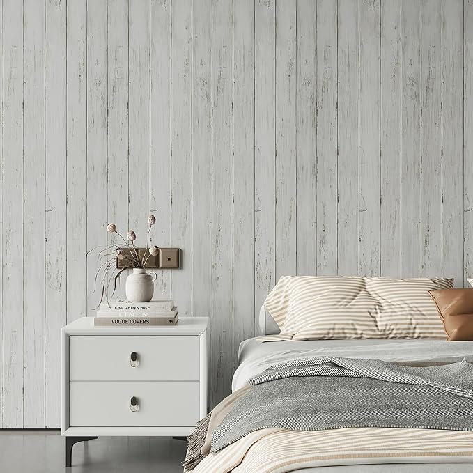 Peel and Stick Wallpaper with Tools 17.7" X 393" - White Gray Wood Contact Paper Shiplap Wall Paper Self-Adhesive Removable Decorative Wall Covering - Vintage Wood Plank Film for Home Decoration