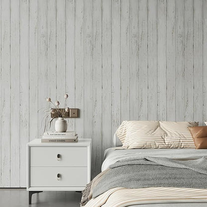 Peel and Stick Wallpaper with Tools 17.7" X 393" - White Gray Wood Contact Paper Shiplap Wall Paper Self-Adhesive Removable Decorative Wall Covering - Vintage Wood Plank Film for Home Decoration