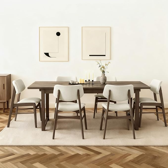 KISLOT Wooden Dining Chairs Set of 6, Upholstered Modern Dining Room Chairs, Solid Oak Wood Kitchen Chairs with Soft Cushion Backrest for Farmhouse, Restaurant, Café (Cream Fabric & Walnut Color)