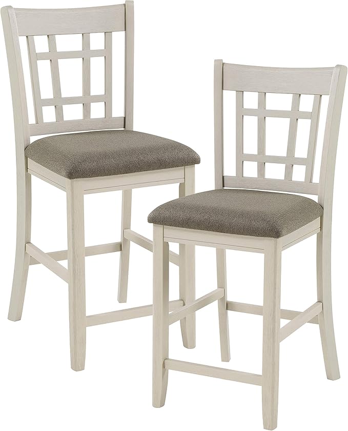 Lexicon Dante Counter Height Chair (Set of 2), Wood Frame Kitchen Island Chair with Upholstered Fabric Seat and Lattice Back Design, Easy Assembly, Antique White