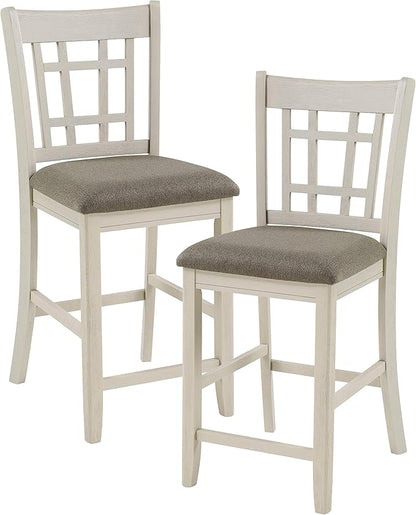 Lexicon Dante Counter Height Chair (Set of 2), Wood Frame Kitchen Island Chair with Upholstered Fabric Seat and Lattice Back Design, Easy Assembly, Antique White