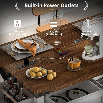 53.7" Farmhouse Kitchen Island with Power Outlet,2 Sliding Barn Door Storage w/Drop Leaf and Spice Rack Rolling Carts on Wheels & Metal Handle,for Home,Dining Room,White