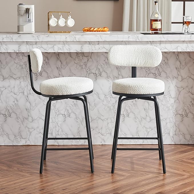 Modern Swivel Bar Stools Set of 2, Boucle Upholstered Counter Height Bar Chairs with Metal Legs Footrest, 360° Swivel for Kitchen Island, Dining Room, White