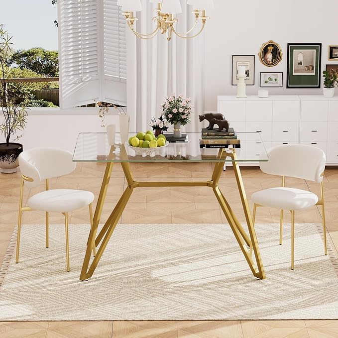 SSLine 47.3" Rectangle Glass Dining Table for 4 Modern Clear Glass Tabletop Kitchen Table for 4 Luxury Dinner Tables with Gold Nest Metal Base for Home Kitchen Dining Room(Table Only)