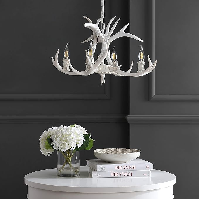 JONATHAN Y 26" White Rustic Resin Antler 4-Light LED Chandelier, Farmhouse Faux Deer Horn Hanging Ceiling Light for Dining Room, Kitchen Island, Adjustable Light Fixture (JYL6301B)