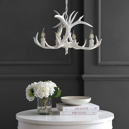 JONATHAN Y 26" White Rustic Resin Antler 4-Light LED Chandelier, Farmhouse Faux Deer Horn Hanging Ceiling Light for Dining Room, Kitchen Island, Adjustable Light Fixture (JYL6301B)