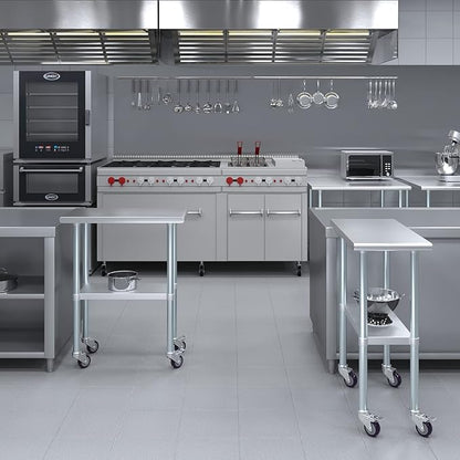 Stainless Steel Work Table with Wheels | NSF Kitchen Island Food Prep | Laundry Garage Utility Bench (Table + Wheels, 15" Long x 30" Deep)