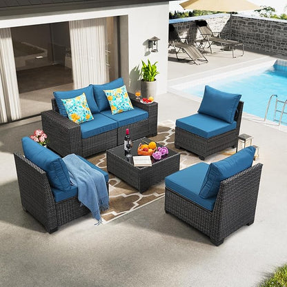 JOYURE 6 Pieces Patio Furniture Set All-Weather Outdoor Wicker Sectional Conversation Sofa Rattan Patio Seating Sofa with Cushion and Glass Table for Porch Poolside,Peacock Blue