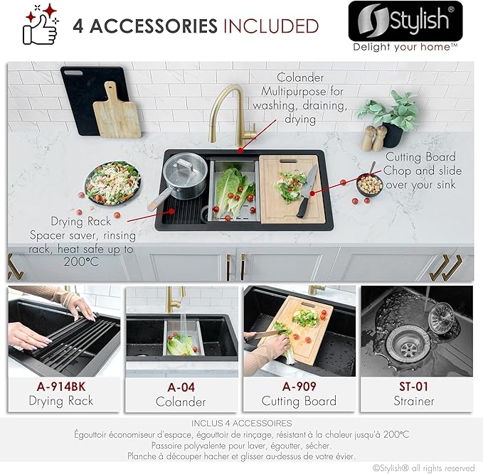 Stylish 28 x 18 Inch Composite Granite Workstation Kitchen Sink, Single Bowl Under Mount & Drop in, 9.5 in Deep, with Bamboo Cutting Board, Roll-Up Drying Rack, Colander & Strainer, Black, S-828WN
