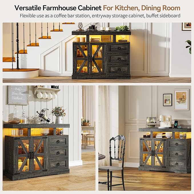 HNEBC LED Farmhouse Sideboard Buffet Cabinet with Storage, Wood Coffee Bar Station Table w/Charging Station, Large Kitchen Storage Cabinet w/Adjustable Shelf and 3 Drawers (Dark Rustic Oak)