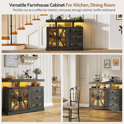 HNEBC LED Farmhouse Sideboard Buffet Cabinet with Storage, Wood Coffee Bar Station Table w/Charging Station, Large Kitchen Storage Cabinet w/Adjustable Shelf and 3 Drawers (Dark Rustic Oak)