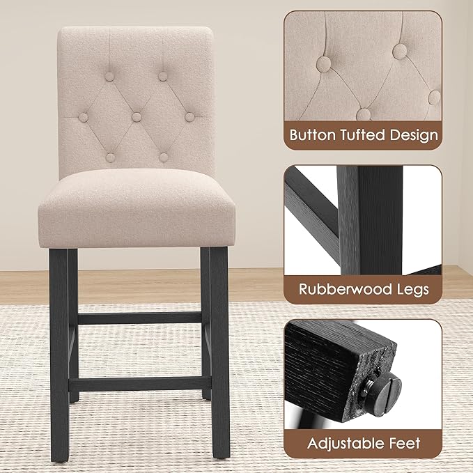 LSSBOUGHT Counter Stools Set of 4,24 inches Upholstered Counter Height Chairs with Button-Tufted and Solid Wood Legs（Beige）