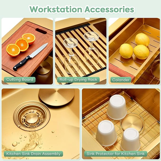 Gold Farmhouse Kitchen Sink 33 x 22 Drop In, 50/50 Double Bowl Farm Sinks, 16 Gauge Stainless Steel Workstation Sink with Ledge & Accessories, 33" x 22" x 10" Large and Deep Double Sinks